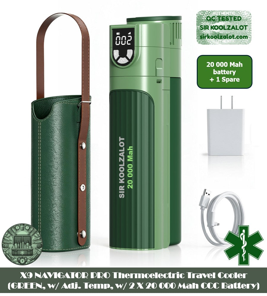 X9 NAVIGATOR PRO Thermoelectric Travel Cooler (GREEN, w/ Adj. Temp, w/ CCC 10 000  mAh Battery)