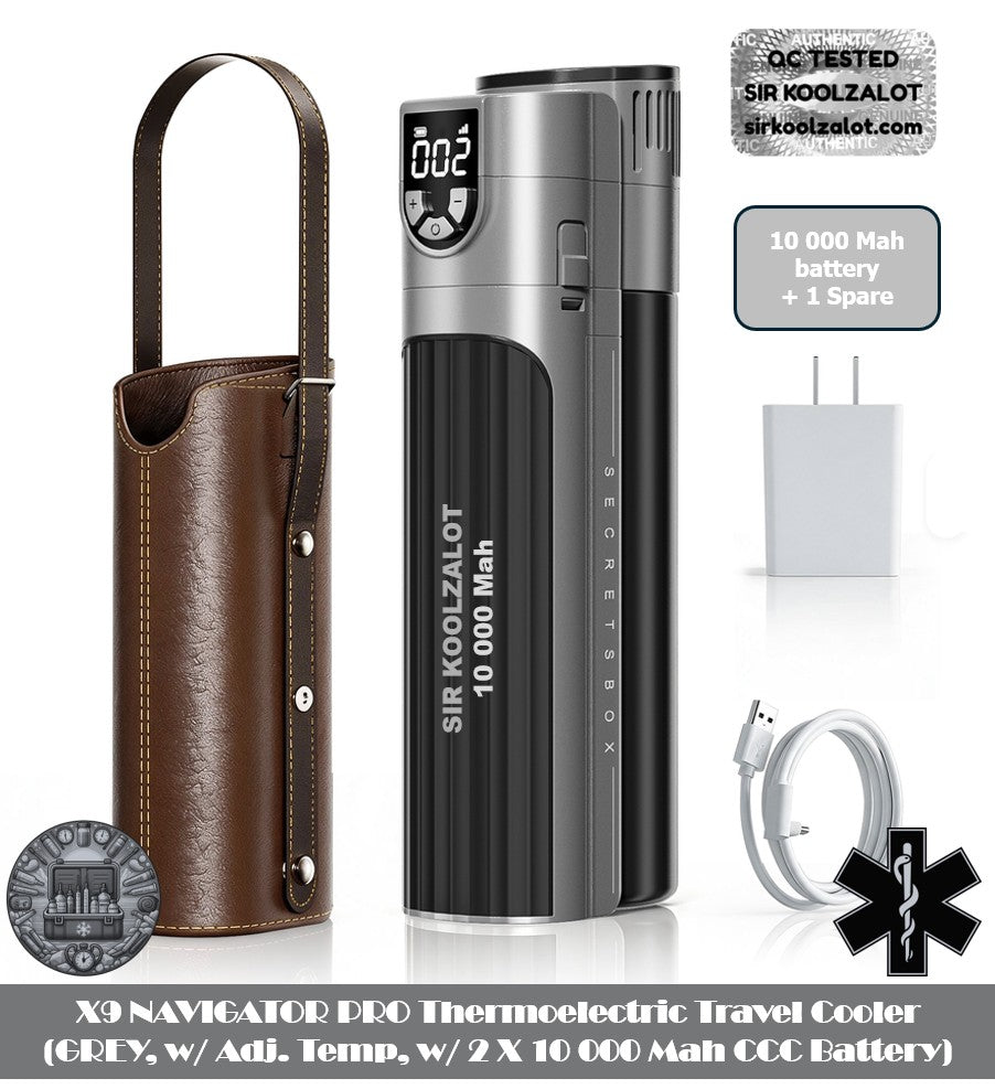 X9 NAVIGATOR PRO Thermoelectric Travel Cooler (GREY, w/ Adj. Temp, w/ CCC 10 000 mAh Battery)
