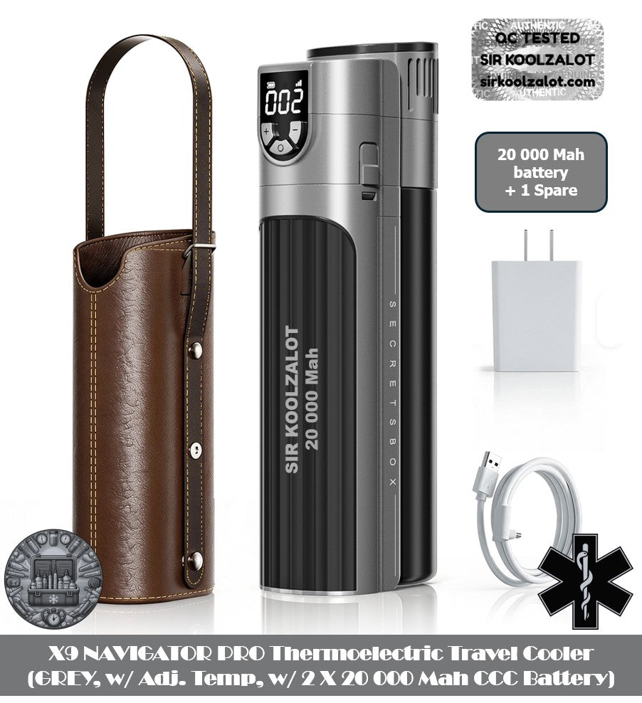 X9 NAVIGATOR PRO Thermoelectric Travel Cooler (GREY, w/ Adj. Temp, w/ CCC 20 000  mAh Battery)