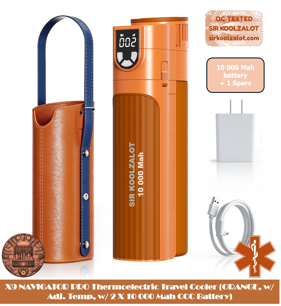 X9 NAVIGATOR PRO Thermoelectric Travel Cooler (ORANGE, w/ Adj. Temp, w/ CCC 10 000 mAh Battery)