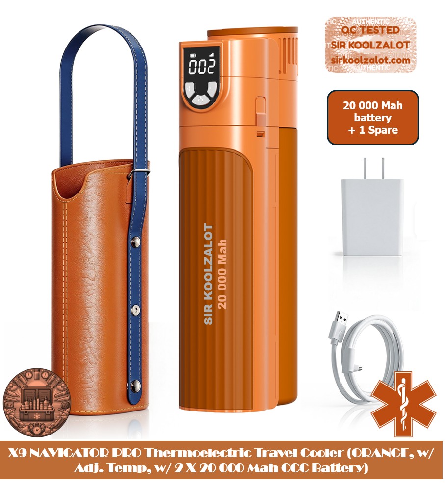 X9 NAVIGATOR PRO Thermoelectric Travel Cooler (ORANGE, w/ Adj. Temp, w/ CCC 20 000 mAh Battery)